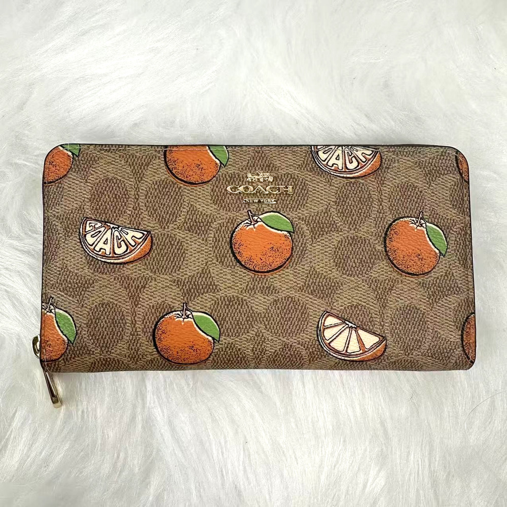 Coach Long Zip Around Wallet In Signature Canvas Orange Print Wristlet CAO92 NWT